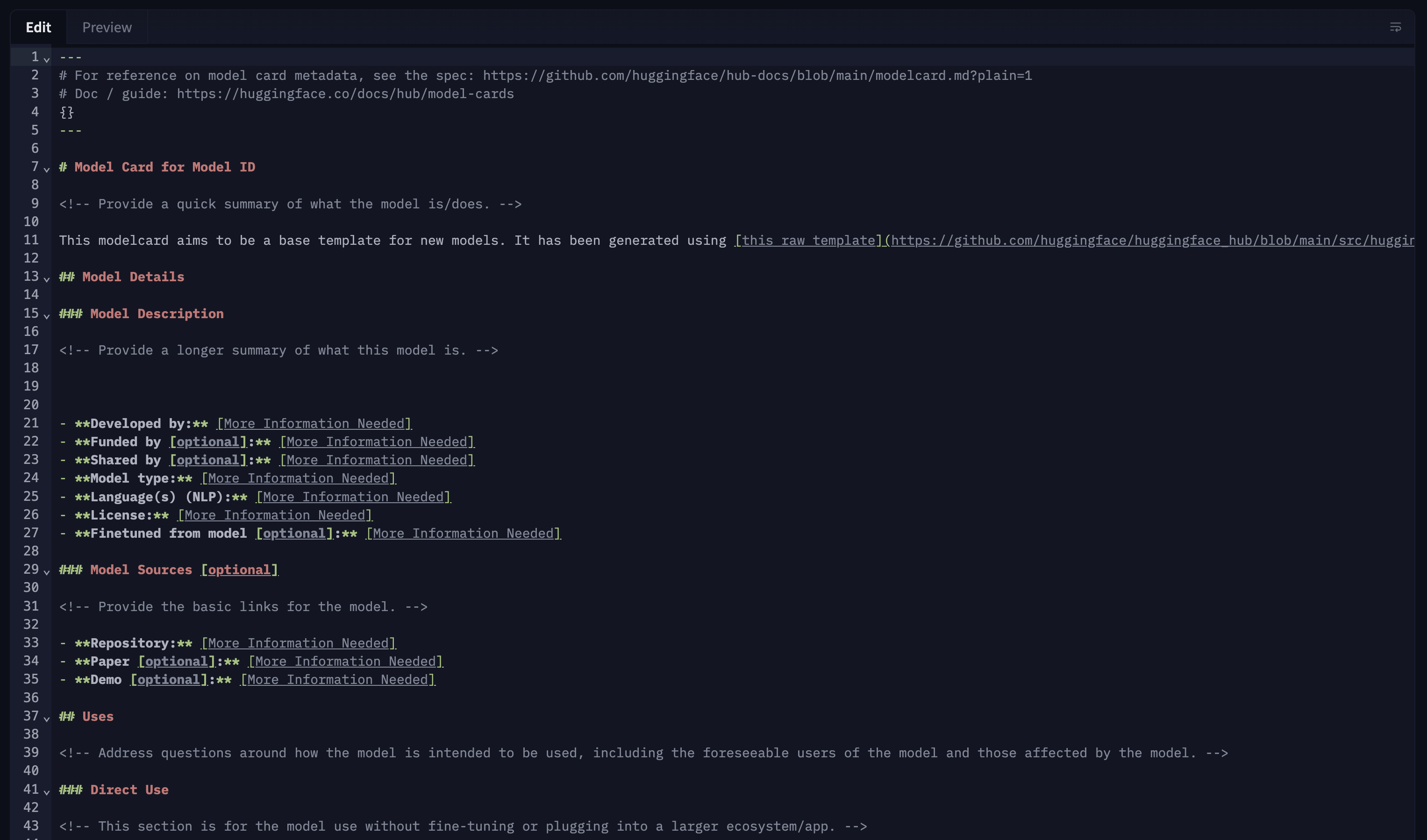 model card template on the hub