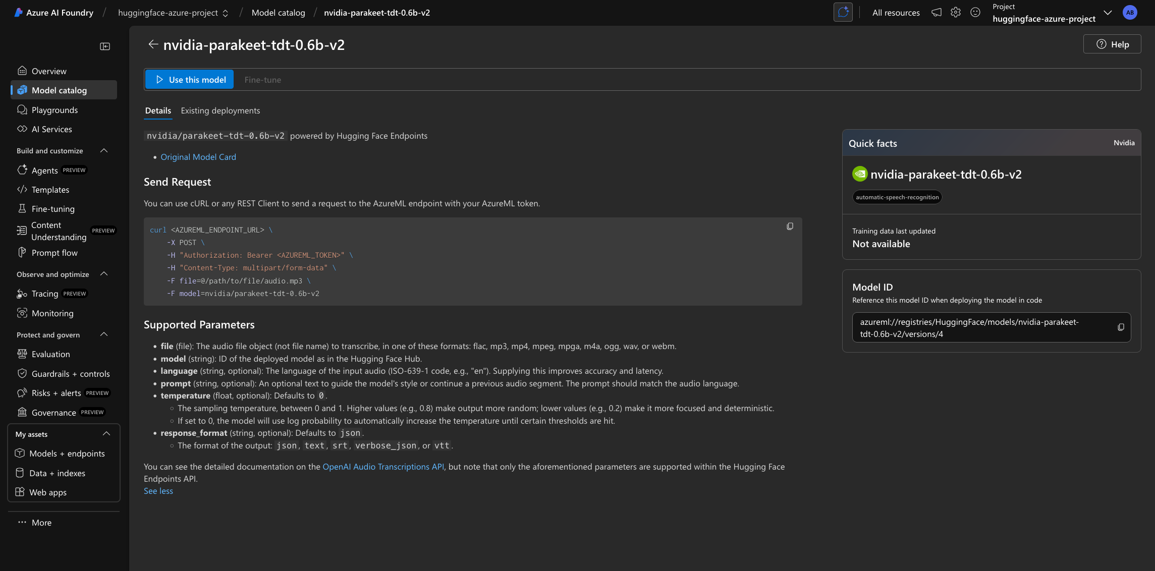 NVIDIA Parakeet on Azure AI Foundry
