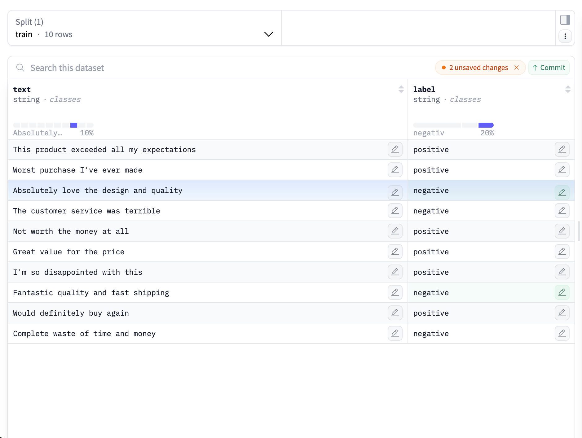 Commit interface showing changes
