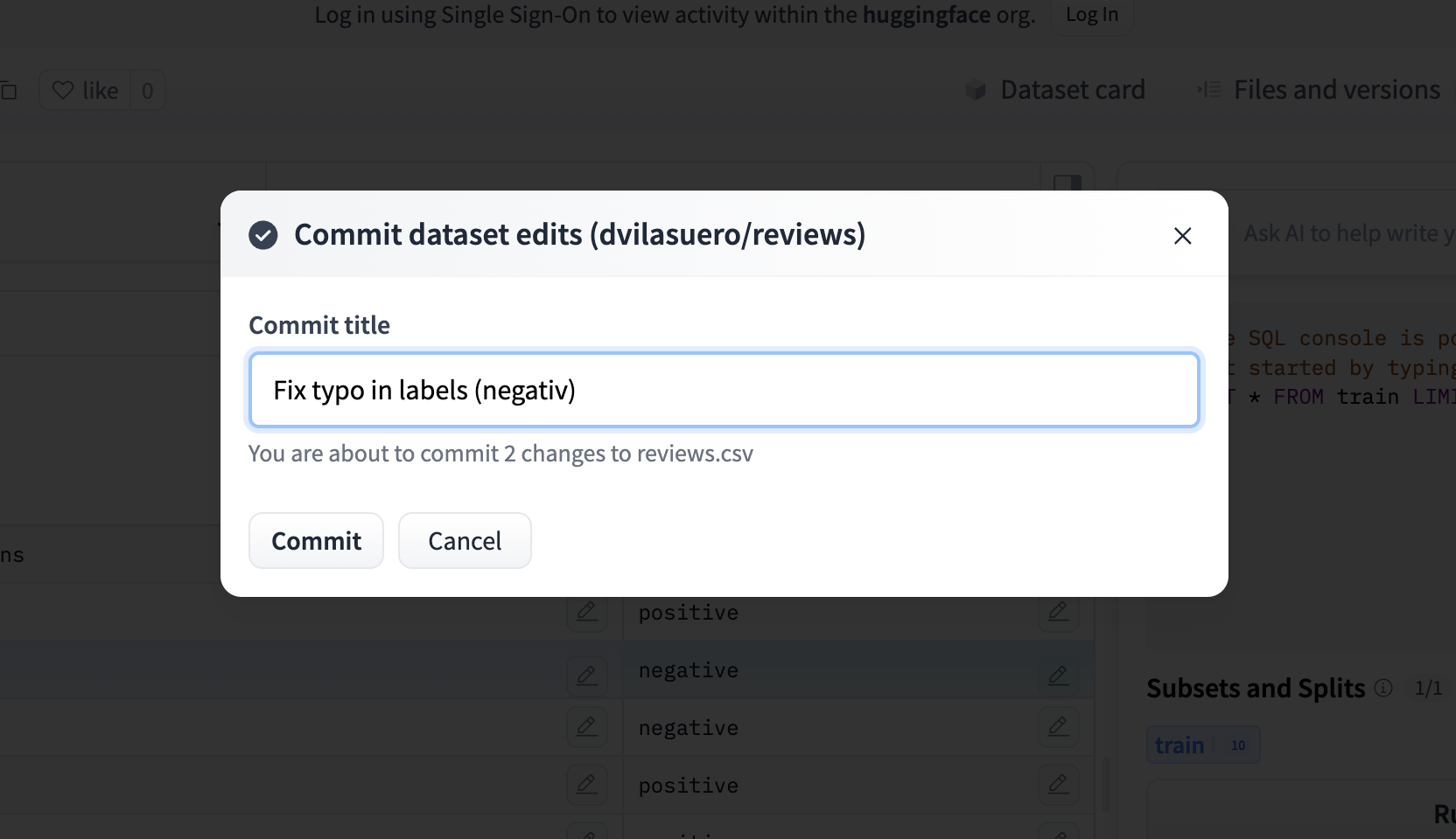 Commit message dialog